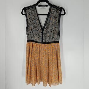 Sandro Black Yellow Daisy V Neck Sleeveless Mini Dress L